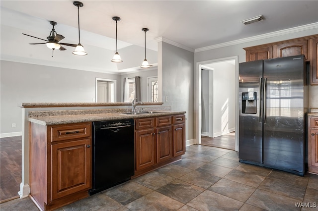 kitchen with ceiling fan, sink, black dishwasher, stainless steel fridge with ice dispenser, and ornamental molding