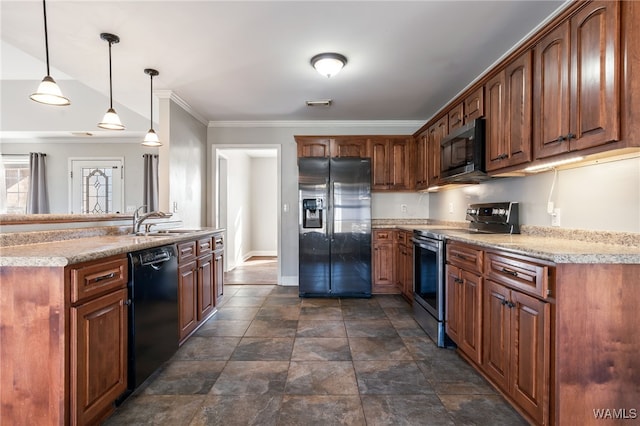 kitchen with sink, light stone counters, decorative light fixtures, black appliances, and ornamental molding