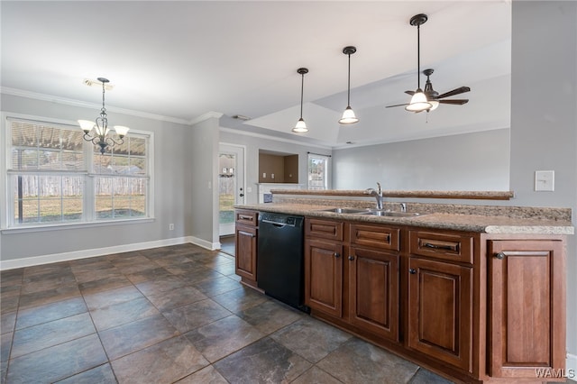 kitchen with sink, ceiling fan with notable chandelier, crown molding, and black dishwasher