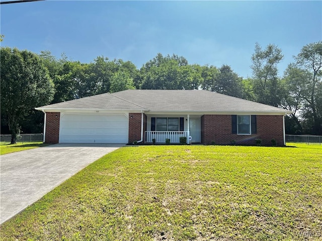 ranch-style home with driveway, an attached garage, fence, a front lawn, and brick siding