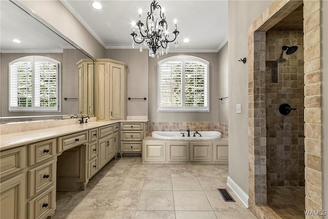 10416 Harbourtowne Dr, Northport, AL 35475 - full bathroom featuring crown molding, a bath, vanity, tiled shower, and a chandelier