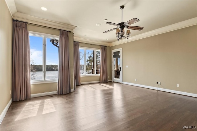 10416 Harbourtowne Dr, Northport, AL 35475 - unfurnished room featuring ornamental molding, a ceiling fan, dark wood finished floors, recessed lighting, and a water view