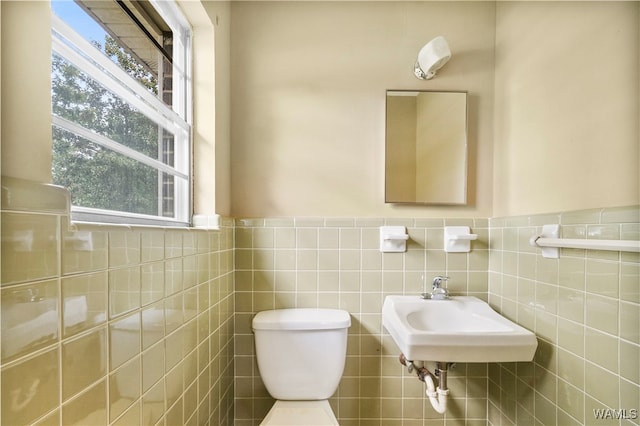 bathroom with sink, plenty of natural light, tile walls, and toilet