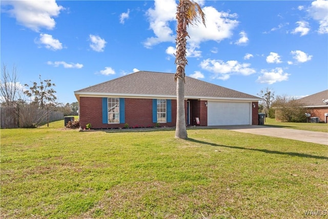 single story home with a front yard, an attached garage, brick siding, and concrete driveway