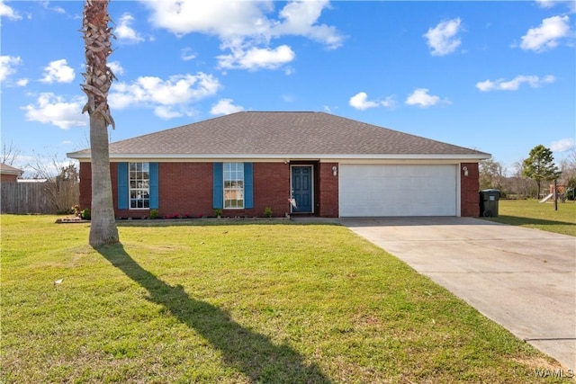 single story home with brick siding, an attached garage, driveway, and a front yard