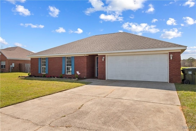 single story home with driveway, a front lawn, an attached garage, a shingled roof, and brick siding