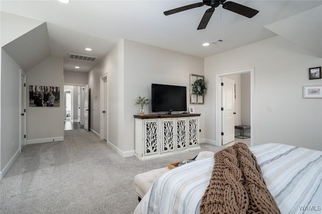 carpeted bedroom featuring ceiling fan and lofted ceiling