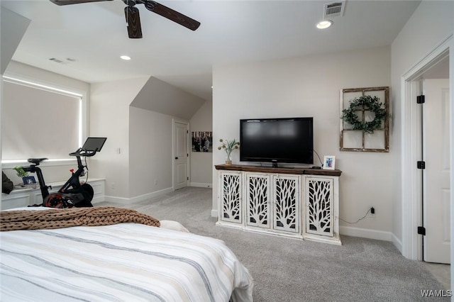 carpeted bedroom with ceiling fan