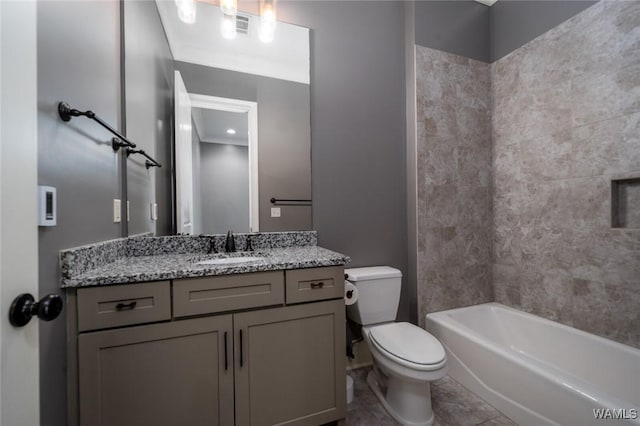 bathroom with shower / bathtub combination, toilet, visible vents, and vanity