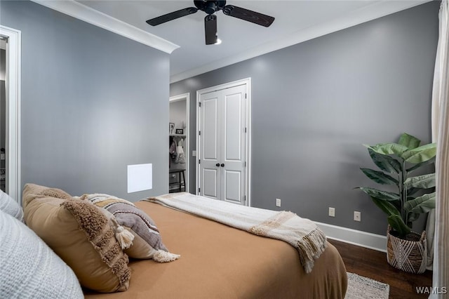 bedroom featuring ceiling fan, a closet, crown molding, and dark hardwood / wood-style floors