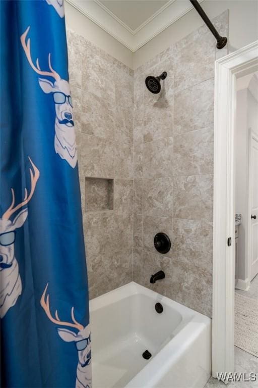 bathroom with tile patterned floors, shower / bath combo with shower curtain, and crown molding