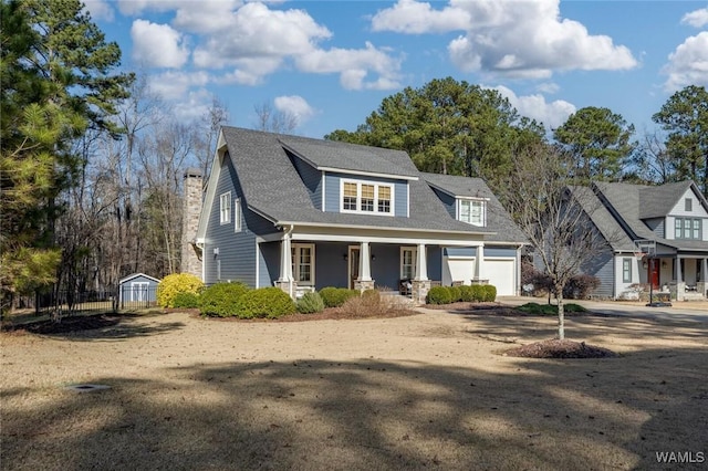 view of front of house with a porch, a garage, and a storage shed