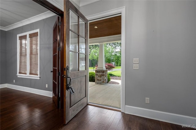 foyer featuring crown molding, baseboards, dark wood finished floors, and plenty of natural light