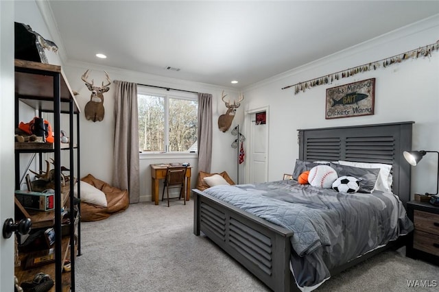 bedroom with light carpet and ornamental molding