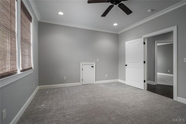 unfurnished bedroom featuring recessed lighting, baseboards, ornamental molding, and carpet