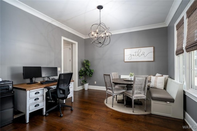 office area featuring dark hardwood / wood-style flooring, crown molding, and a notable chandelier