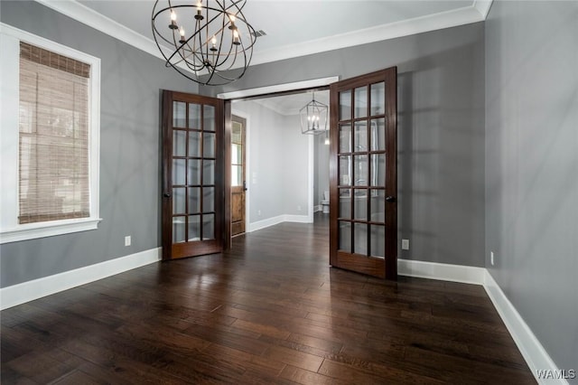 unfurnished dining area with french doors, a chandelier, and a healthy amount of sunlight
