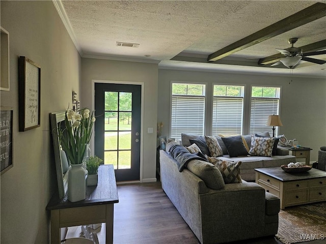 930 Pine Tree Rd, Centreville, AL 35042 - living room featuring a textured ceiling, dark wood-style flooring, a ceiling fan, and ornamental molding