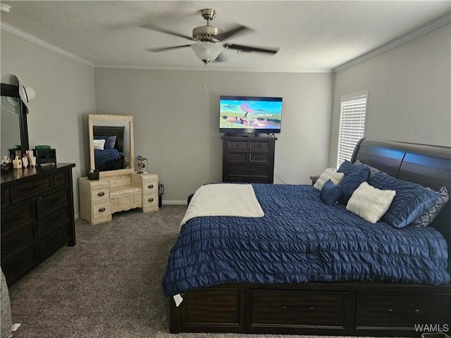 930 Pine Tree Rd, Centreville, AL 35042 - bedroom with ornamental molding, carpet flooring, ceiling fan, and a textured ceiling