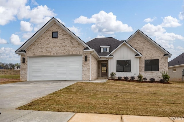 13947 Glenview Dr, Northport, AL 35475 - view of front of property with a front yard, concrete driveway, an attached garage, brick siding, and board and batten siding