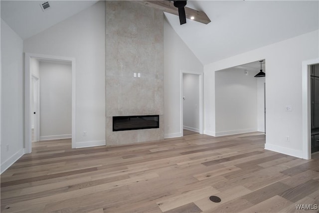 13947 Glenview Dr, Northport, AL 35475 - unfurnished living room with high vaulted ceiling, visible vents, and light wood-type flooring