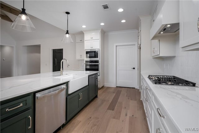 13947 Glenview Dr, Northport, AL 35475 - kitchen featuring range hood, a sink, stainless steel appliances, white cabinets, and decorative backsplash