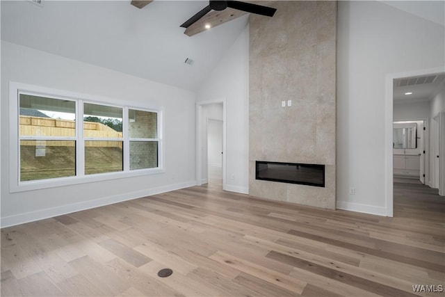 13947 Glenview Dr, Northport, AL 35475 - unfurnished living room featuring a ceiling fan, high vaulted ceiling, light wood-style floors, and visible vents