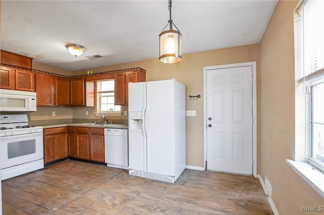 kitchen featuring white appliances, light hardwood / wood-style floors, sink, and hanging light fixtures