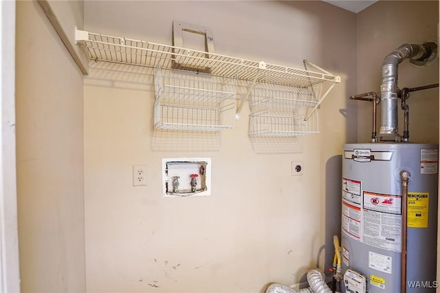 clothes washing area with gas water heater, electric dryer hookup, and washer hookup