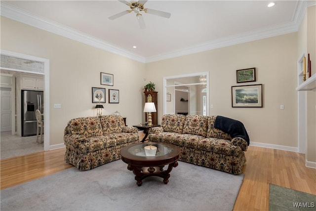 4032 Carousel Cir, Tuscaloosa, AL 35406 - living area featuring ornamental molding, a ceiling fan, light wood-style floors, and recessed lighting