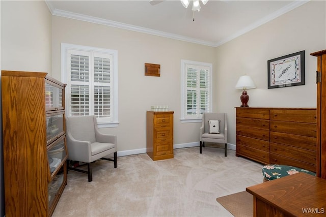 4032 Carousel Cir, Tuscaloosa, AL 35406 - sitting room with crown molding, ceiling fan, and light carpet