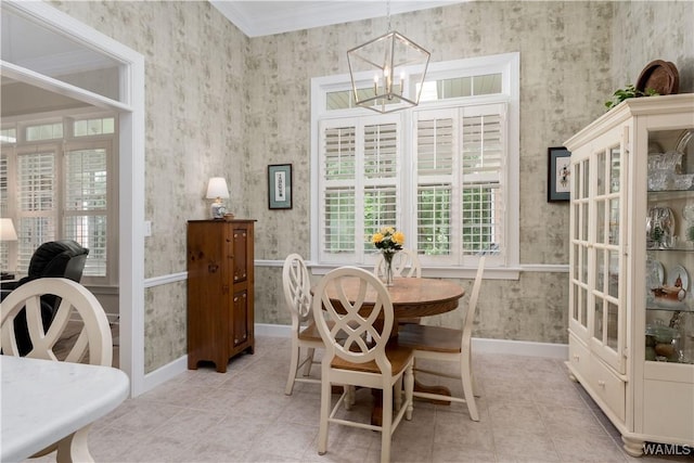 4032 Carousel Cir, Tuscaloosa, AL 35406 - dining space with wallpapered walls, a chandelier, light tile patterned flooring, and crown molding