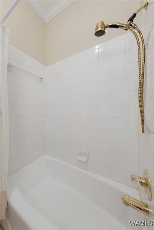 4032 Carousel Cir, Tuscaloosa, AL 35406 - bathroom with ornamental molding and shower / bathtub combination with curtain