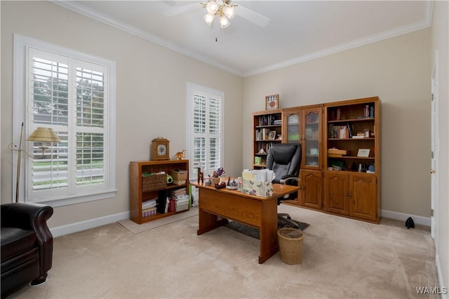 4032 Carousel Cir, Tuscaloosa, AL 35406 - office area featuring healthy amount of natural light, ceiling fan, ornamental molding, and light colored carpet