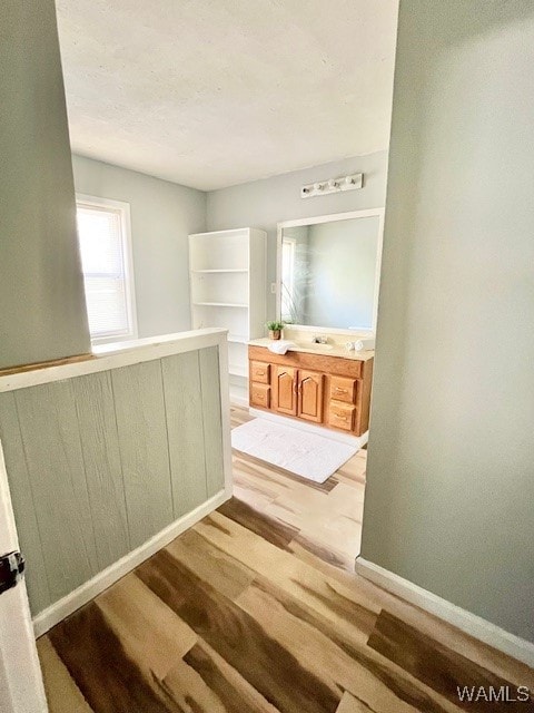 bathroom featuring wood-type flooring and vanity