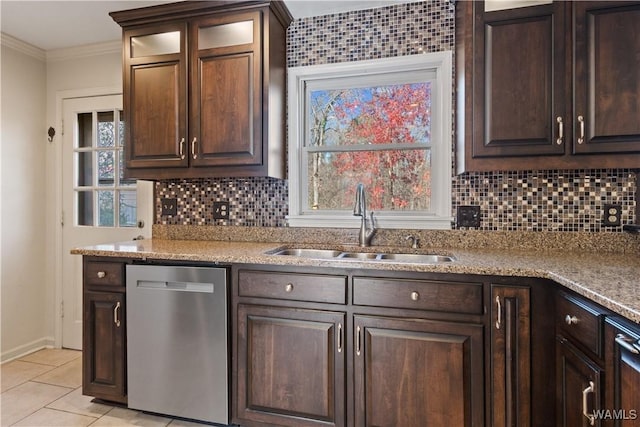 kitchen with ornamental molding, dark brown cabinets, sink, and stainless steel dishwasher