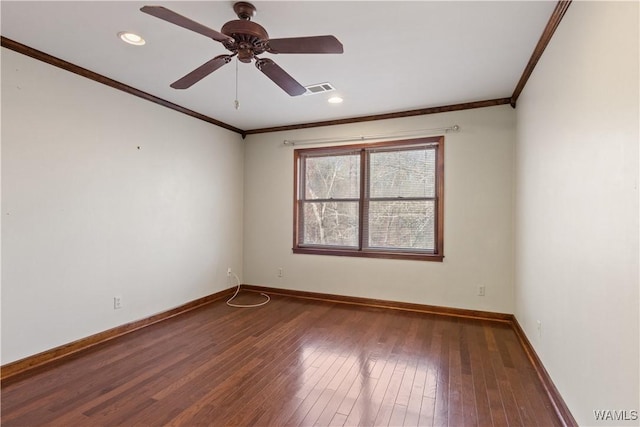 unfurnished room with dark hardwood / wood-style flooring, crown molding, and ceiling fan