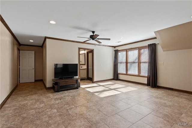 unfurnished living room with crown molding and ceiling fan