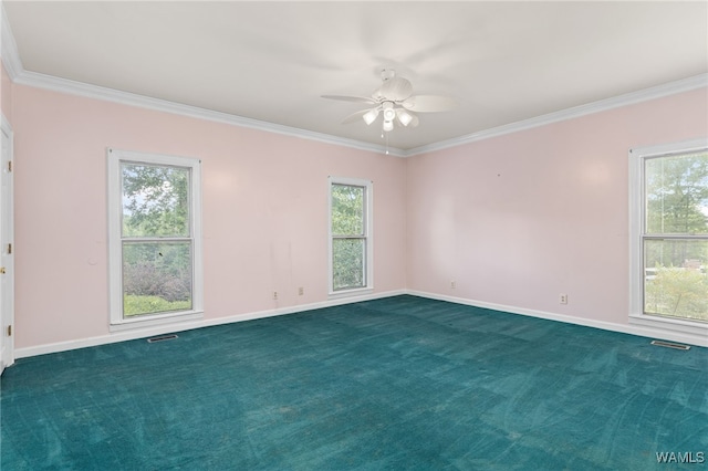 4184 Graves Gap Rd, Hayden, AL 35079 - unfurnished room featuring a ceiling fan, dark carpet, ornamental molding, and plenty of natural light