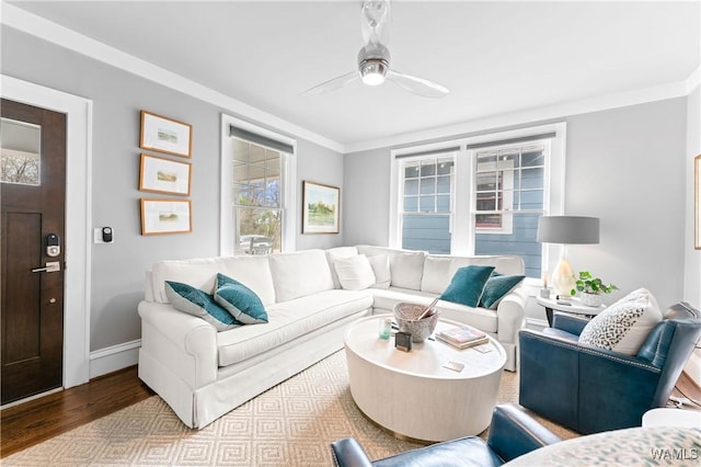 living area with ornamental molding, ceiling fan, baseboards, and wood finished floors