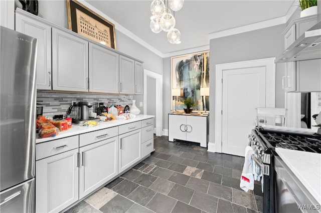 kitchen featuring light countertops, ornamental molding, appliances with stainless steel finishes, decorative backsplash, and wall chimney exhaust hood