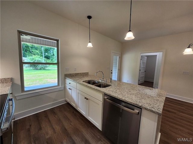 195 Lecroy Cir, Brent, AL 35034 - kitchen featuring stainless steel dishwasher, a sink, a peninsula, baseboards, and white cabinetry