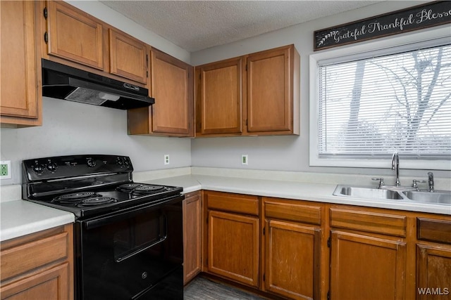 kitchen with under cabinet range hood, light countertops, a sink, and electric range