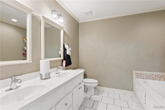 bathroom featuring crown molding, visible vents, a sink, and toilet