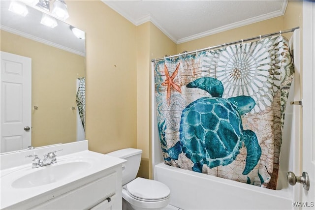 bathroom featuring toilet, ornamental molding, shower / bath combo, and vanity