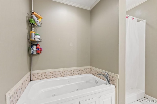 bathroom with crown molding, a jetted tub, and a shower with curtain