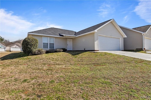 single story home featuring a garage, driveway, and a front lawn