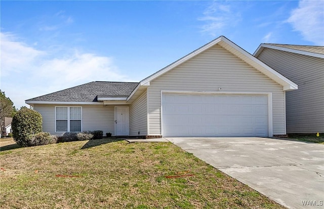 ranch-style home featuring a shingled roof, a front yard, driveway, and an attached garage