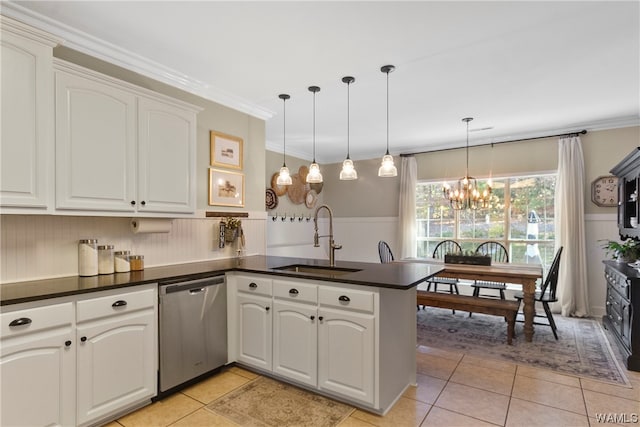 kitchen with white cabinets, dishwasher, kitchen peninsula, and sink