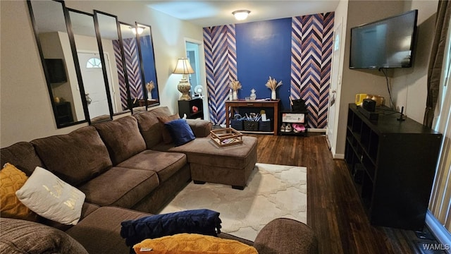 living room with dark hardwood / wood-style floors